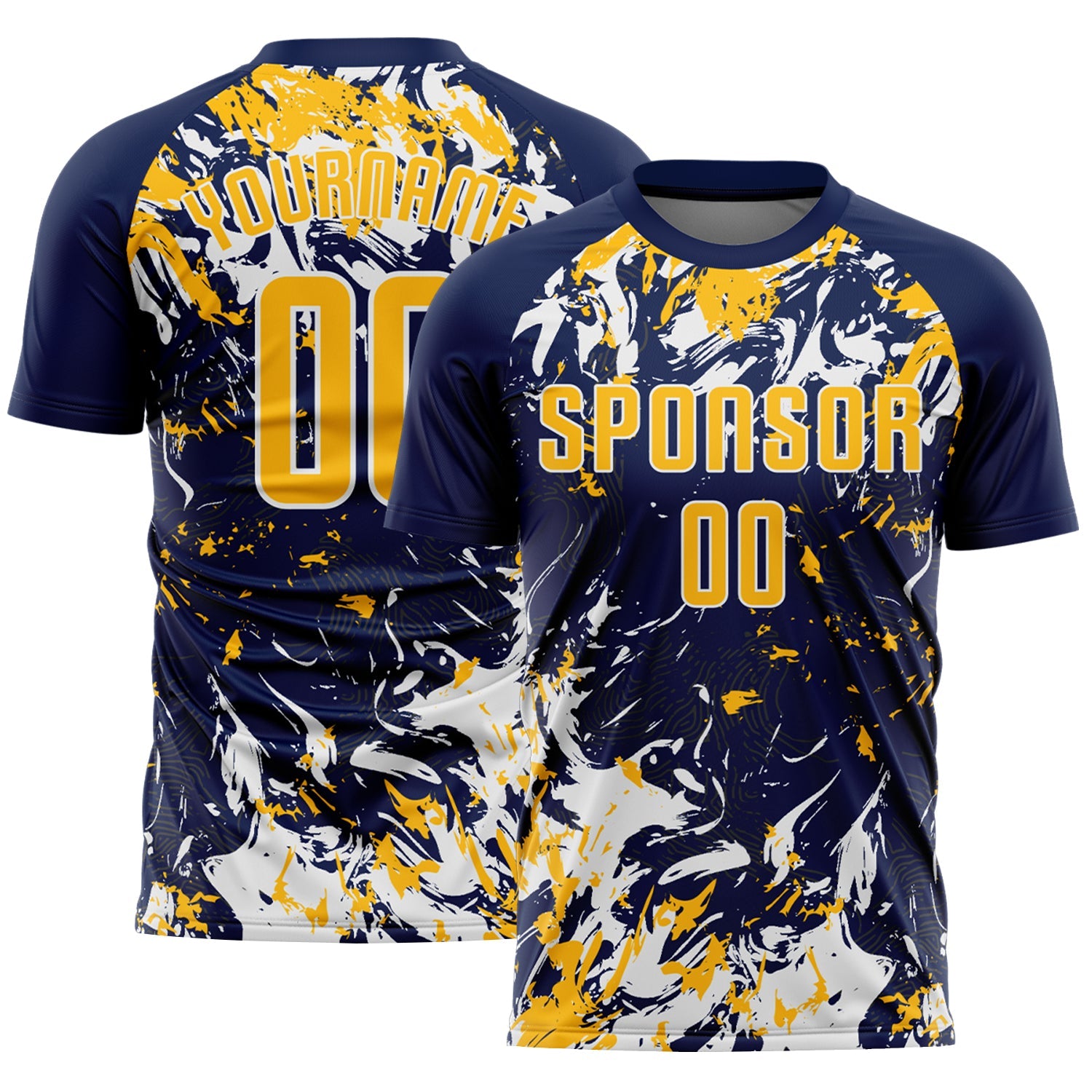 Custom Navy Gold-White Fluid Art Splash Sublimation Soccer Uniform Jersey - Main View