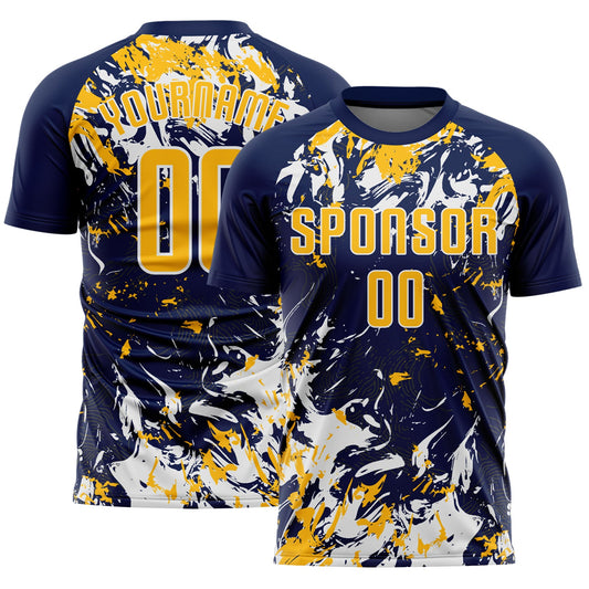 Custom Navy Gold-White Fluid Art Splash Sublimation Soccer Uniform Jersey - Main View