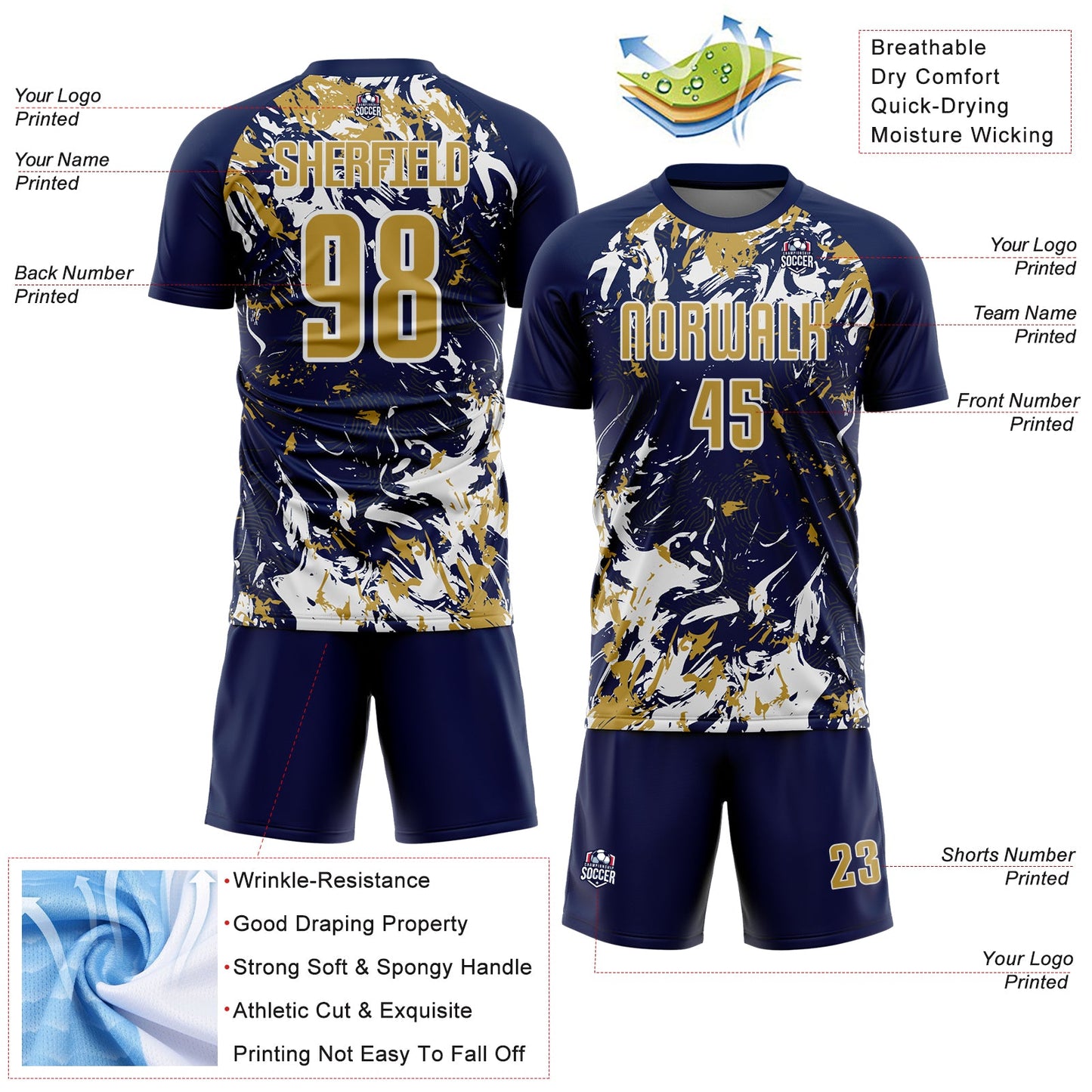 Custom Navy Old Gold-White Fluid Art Splash Sublimation Soccer Uniform Jersey view 4
