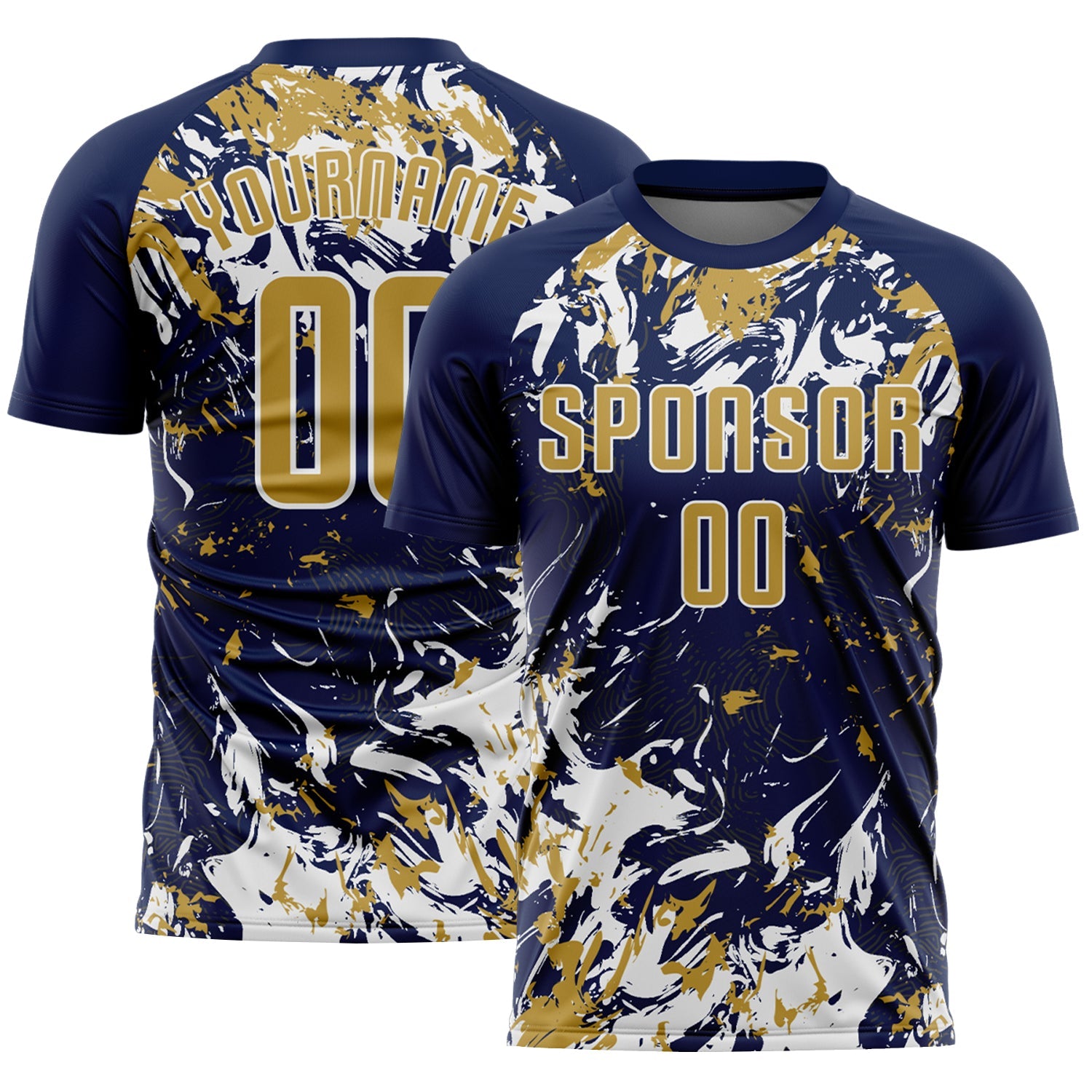 Custom Navy Old Gold-White Fluid Art Splash Sublimation Soccer Uniform Jersey - Main View