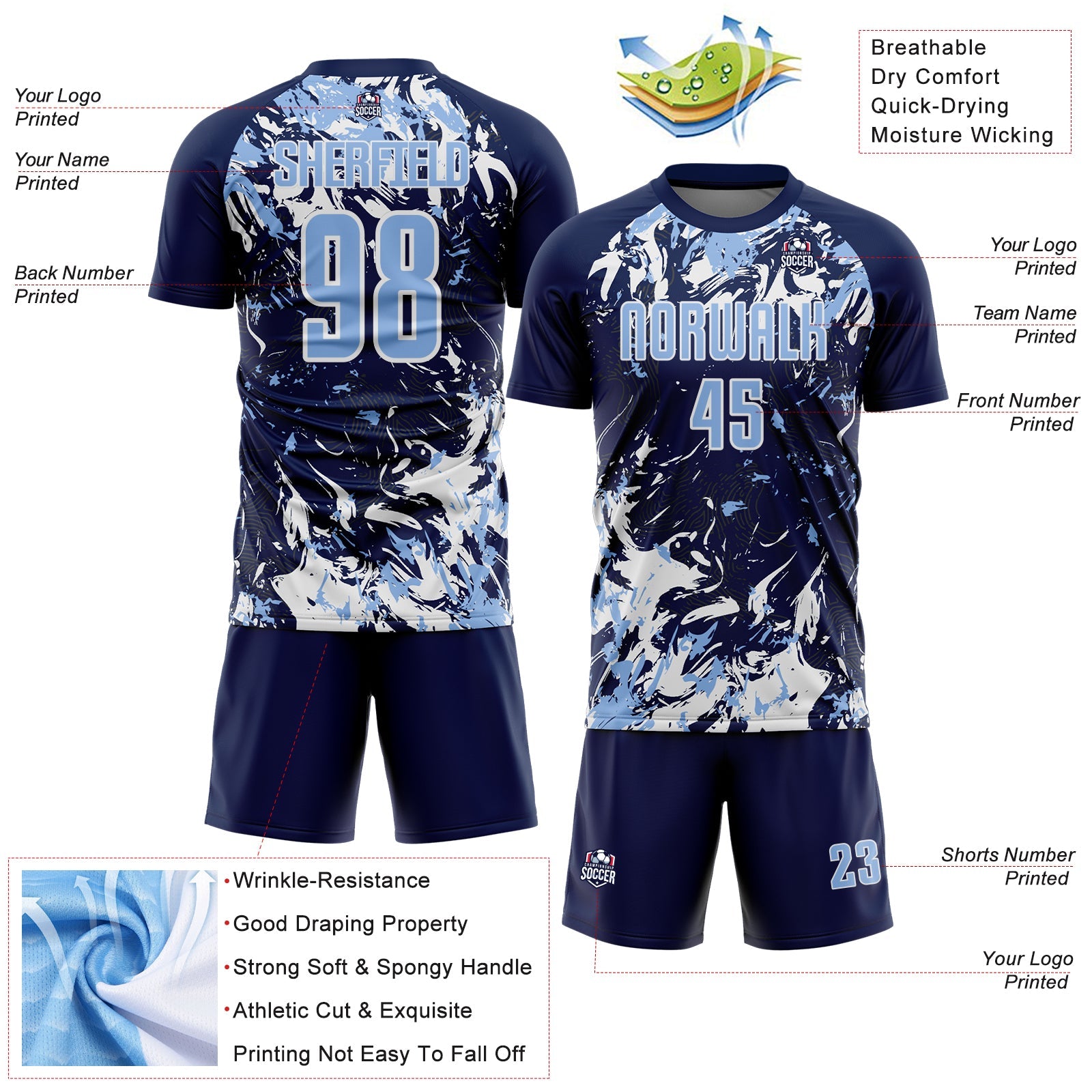 Custom Navy Light Blue-White Fluid Art Splash Sublimation Soccer Uniform Jersey view 4