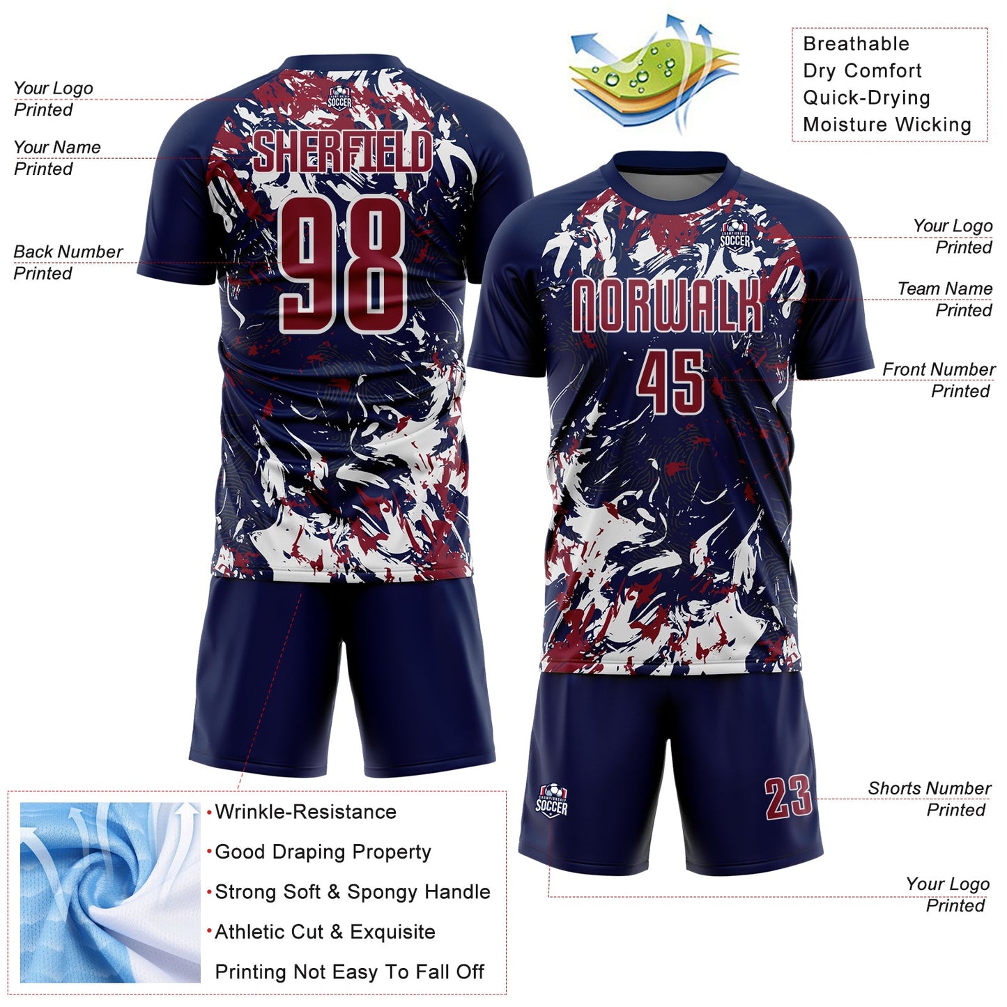 Custom Navy Crimson-White Fluid Art Splash Sublimation Soccer Uniform Jersey view 4