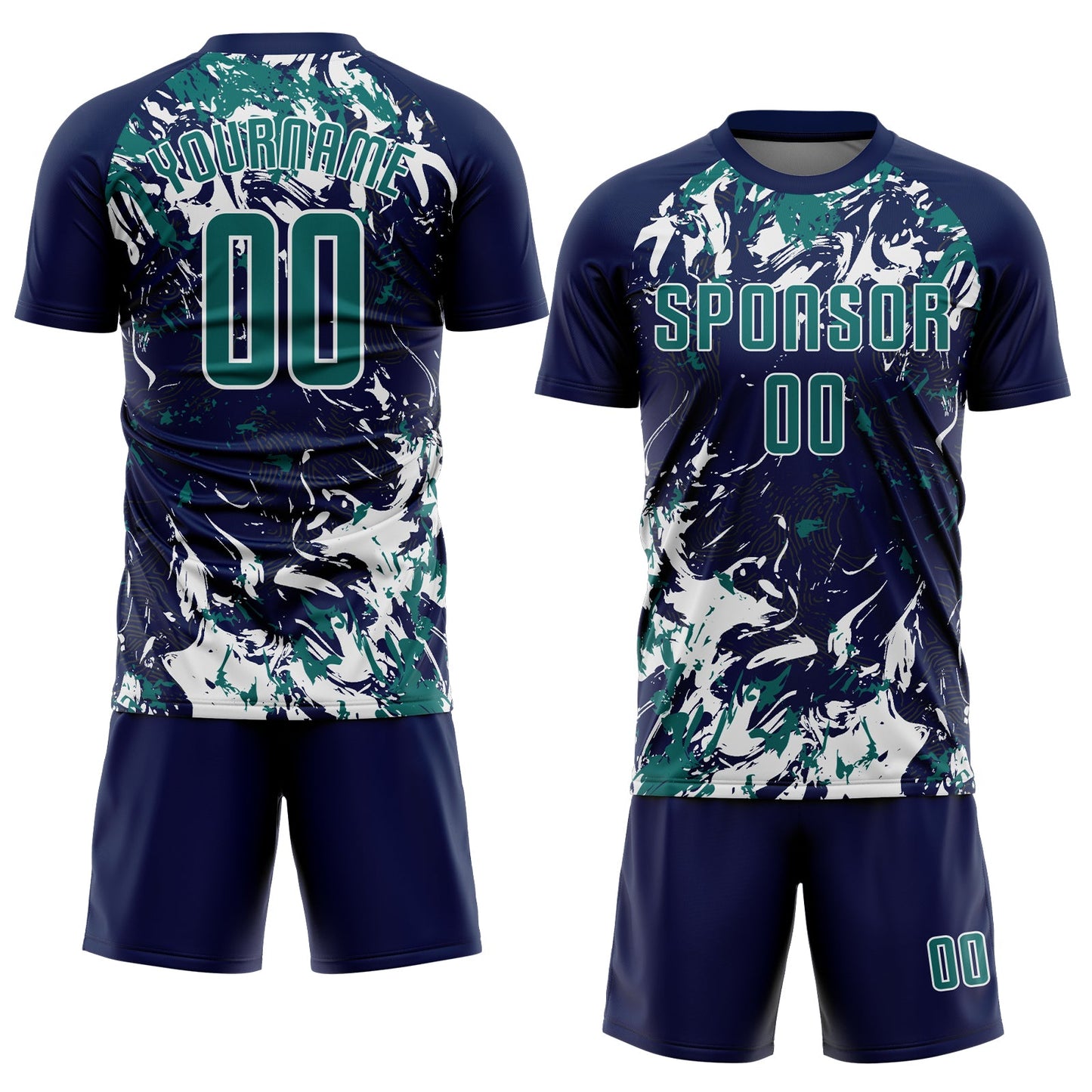 Custom Navy Teal-White Fluid Art Splash Sublimation Soccer Uniform Jersey view 2