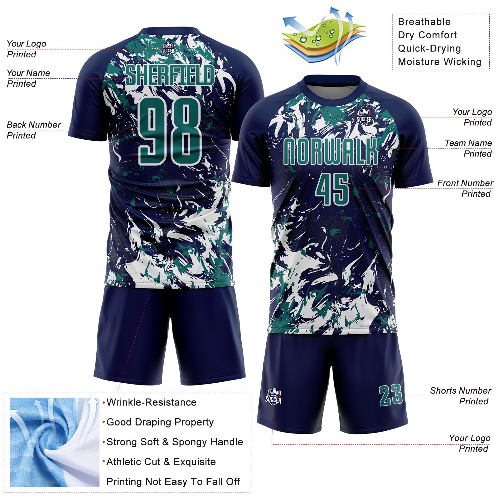 Custom Navy Teal-White Fluid Art Splash Sublimation Soccer Uniform Jersey view 4