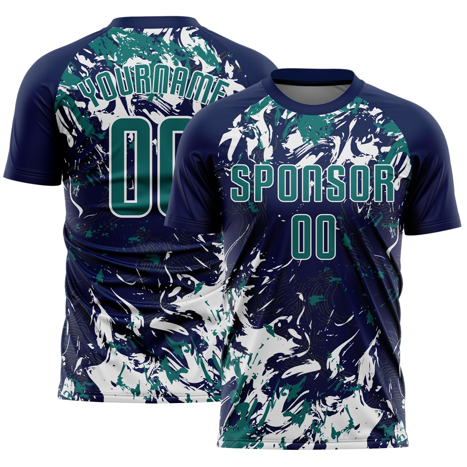 Custom Navy Teal-White Fluid Art Splash Sublimation Soccer Uniform Jersey - Main View
