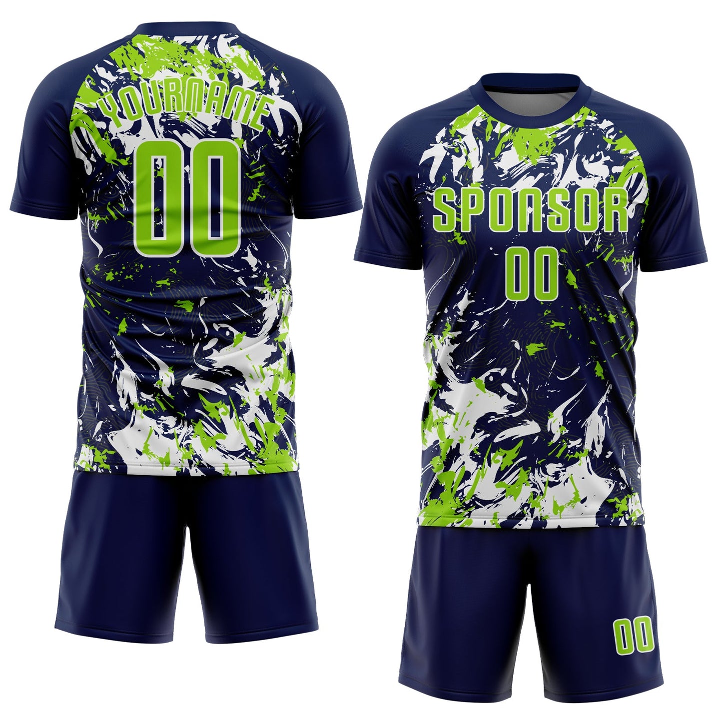 Custom Navy Neon Green-White Fluid Art Splash Sublimation Soccer Uniform Jersey view 2