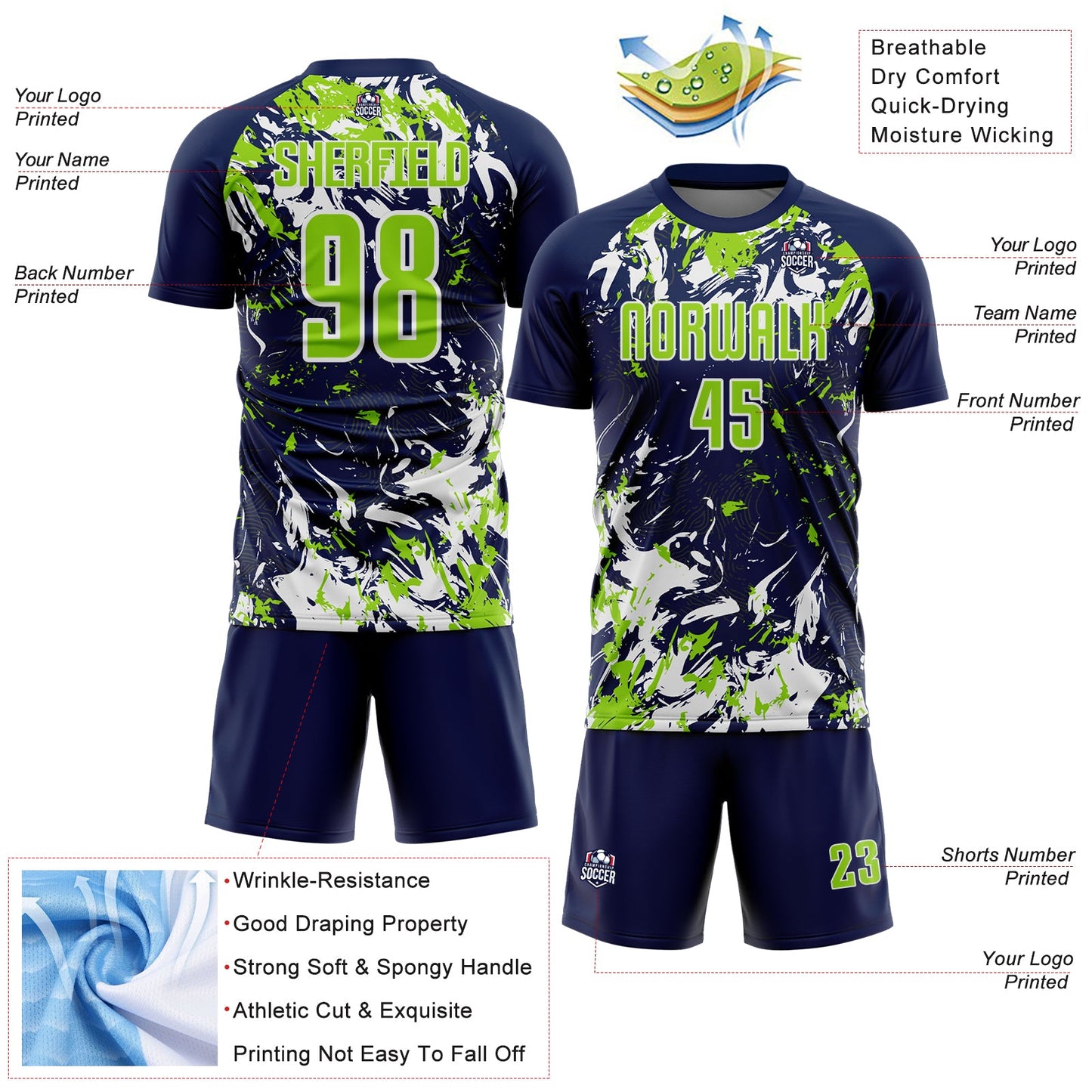 Custom Navy Neon Green-White Fluid Art Splash Sublimation Soccer Uniform Jersey view 4