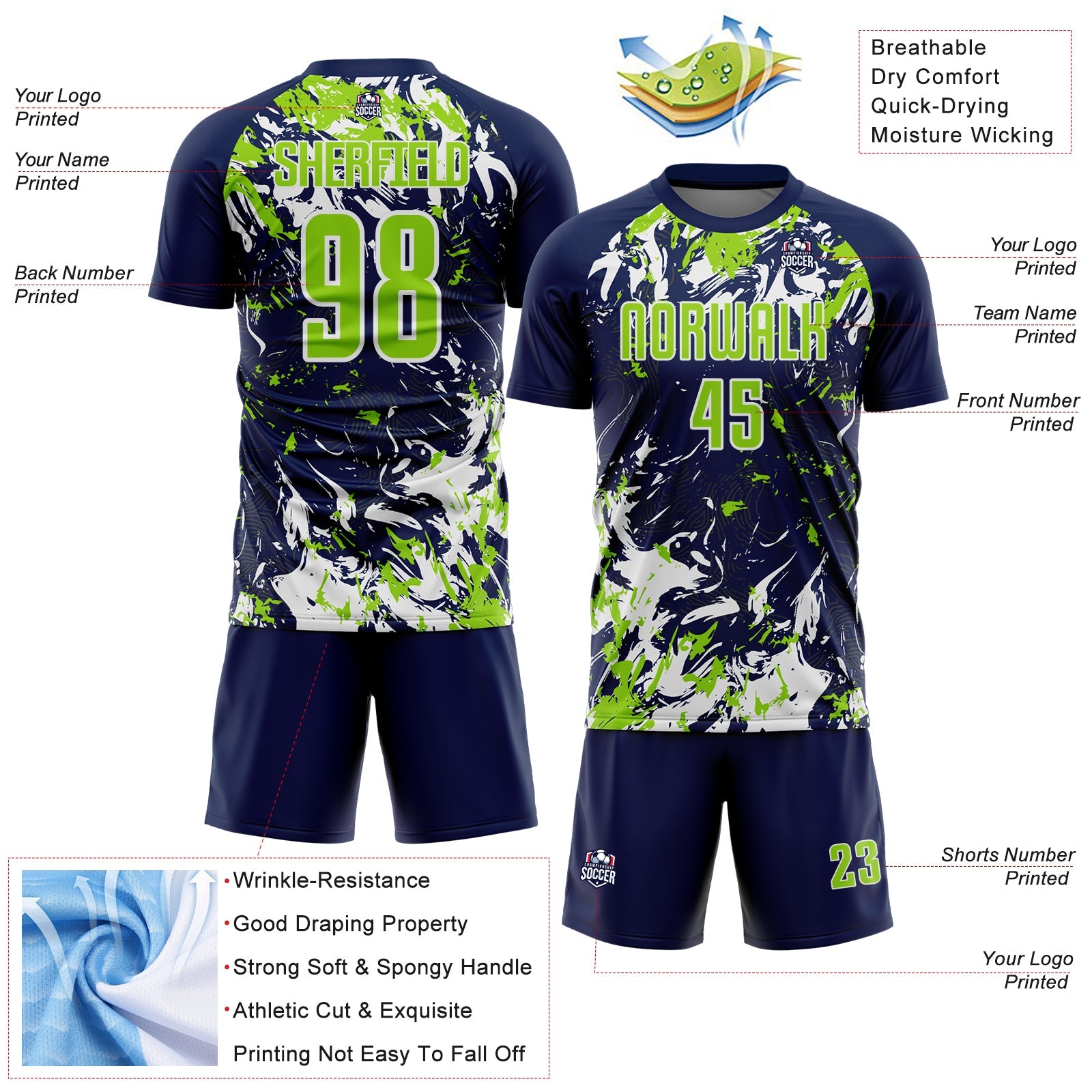 Custom Navy Neon Green-White Fluid Art Splash Sublimation Soccer Uniform Jersey view 4
