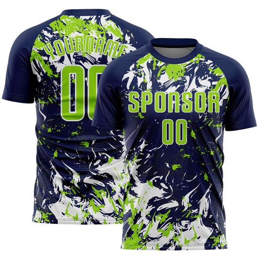 Custom Navy Neon Green-White Fluid Art Splash Sublimation Soccer Uniform Jersey - Main View