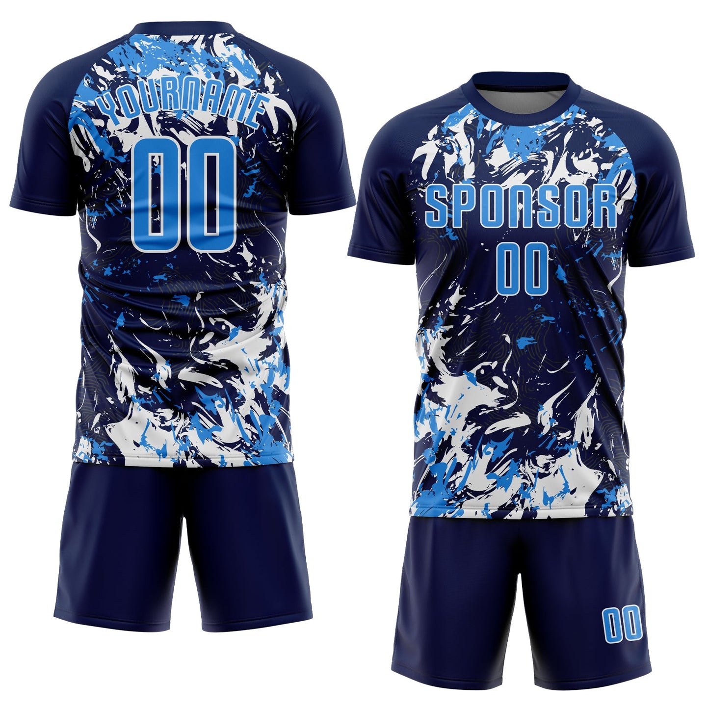 Custom Navy Powder Blue-White Fluid Art Splash Sublimation Soccer Uniform Jersey view 2