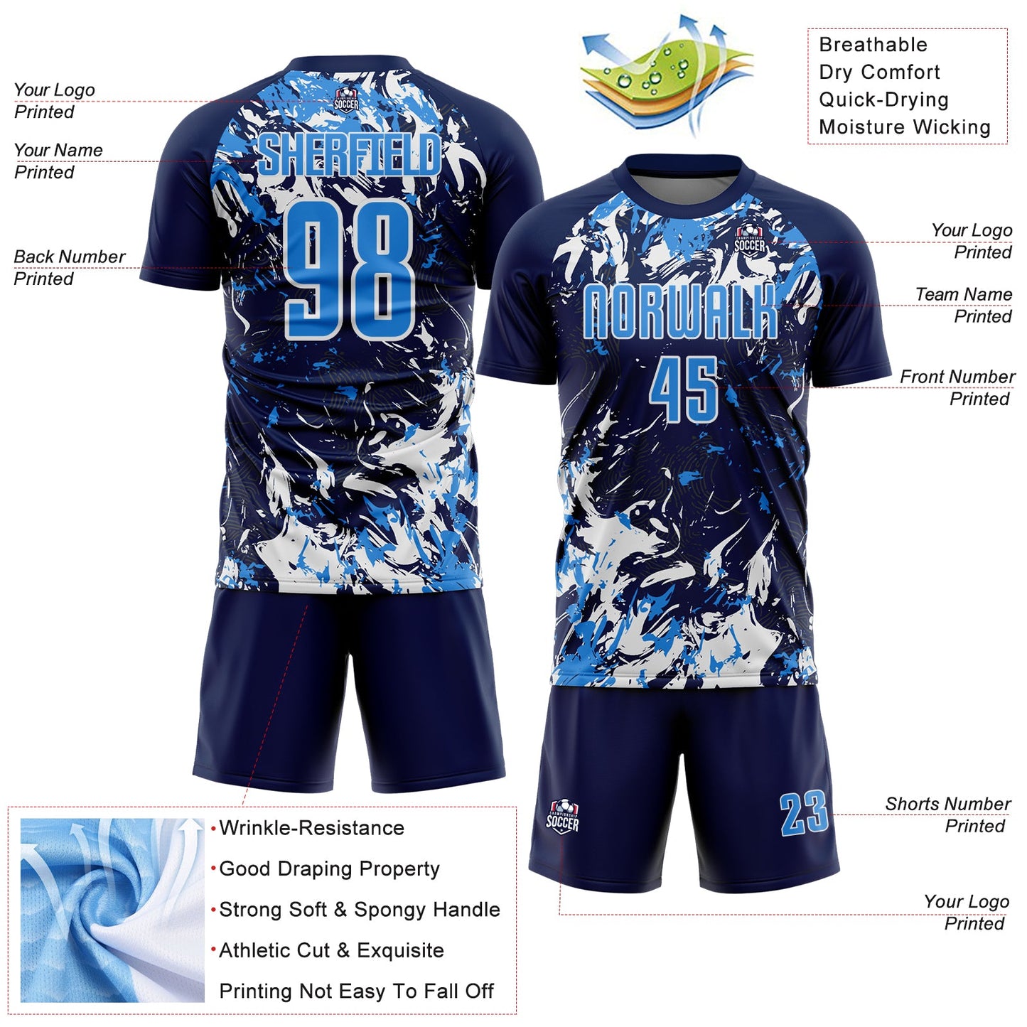 Custom Navy Powder Blue-White Fluid Art Splash Sublimation Soccer Uniform Jersey view 4