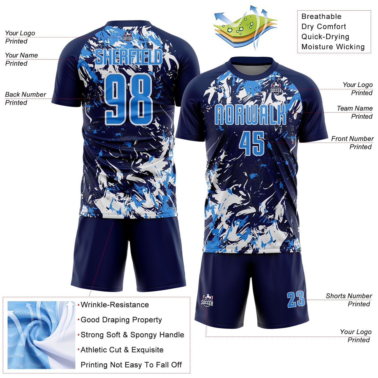 Custom Navy Powder Blue-White Fluid Art Splash Sublimation Soccer Uniform Jersey view 4
