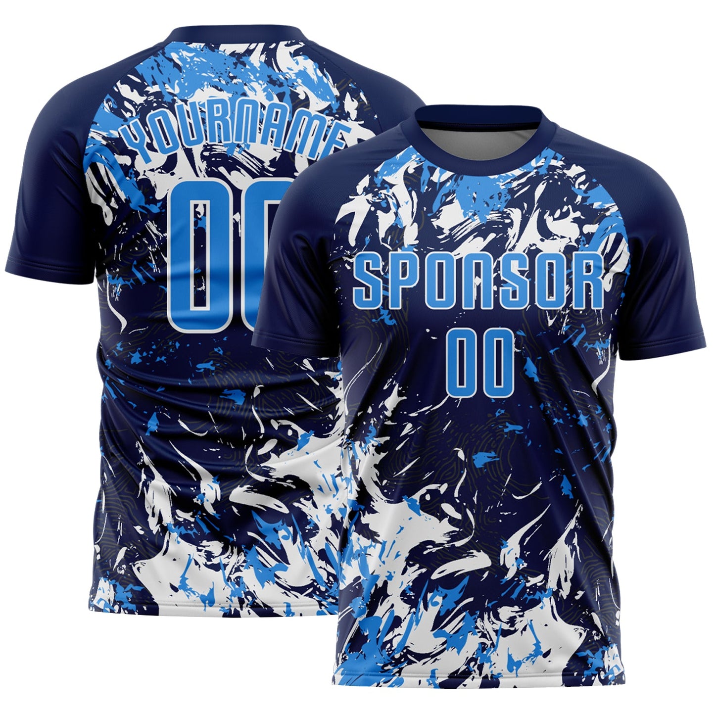Custom Navy Powder Blue-White Fluid Art Splash Sublimation Soccer Uniform Jersey - Main View