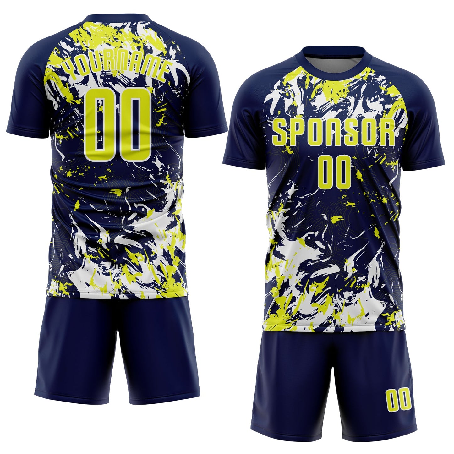 Custom Navy Neon Yellow-White Fluid Art Splash Sublimation Soccer Uniform Jersey view 2