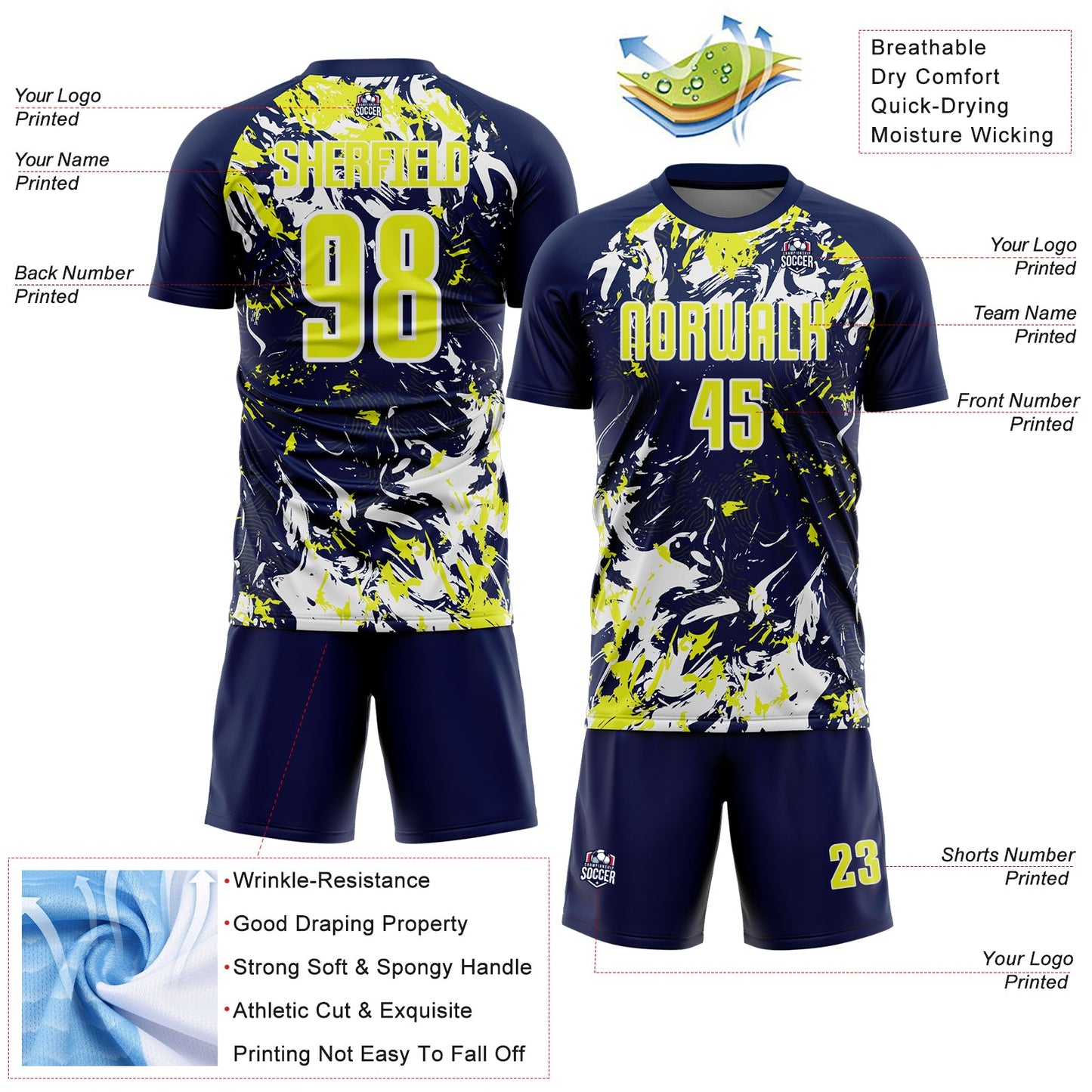 Custom Navy Neon Yellow-White Fluid Art Splash Sublimation Soccer Uniform Jersey view 4
