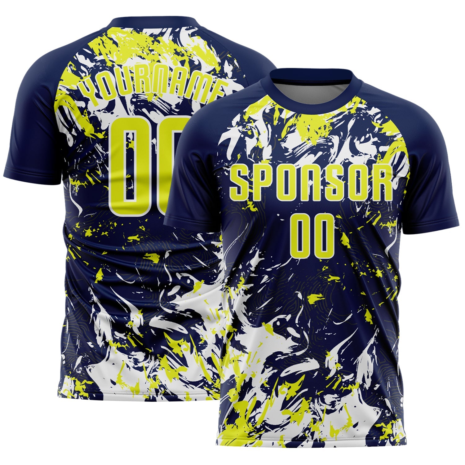 Custom Navy Neon Yellow-White Fluid Art Splash Sublimation Soccer Uniform Jersey - Main View