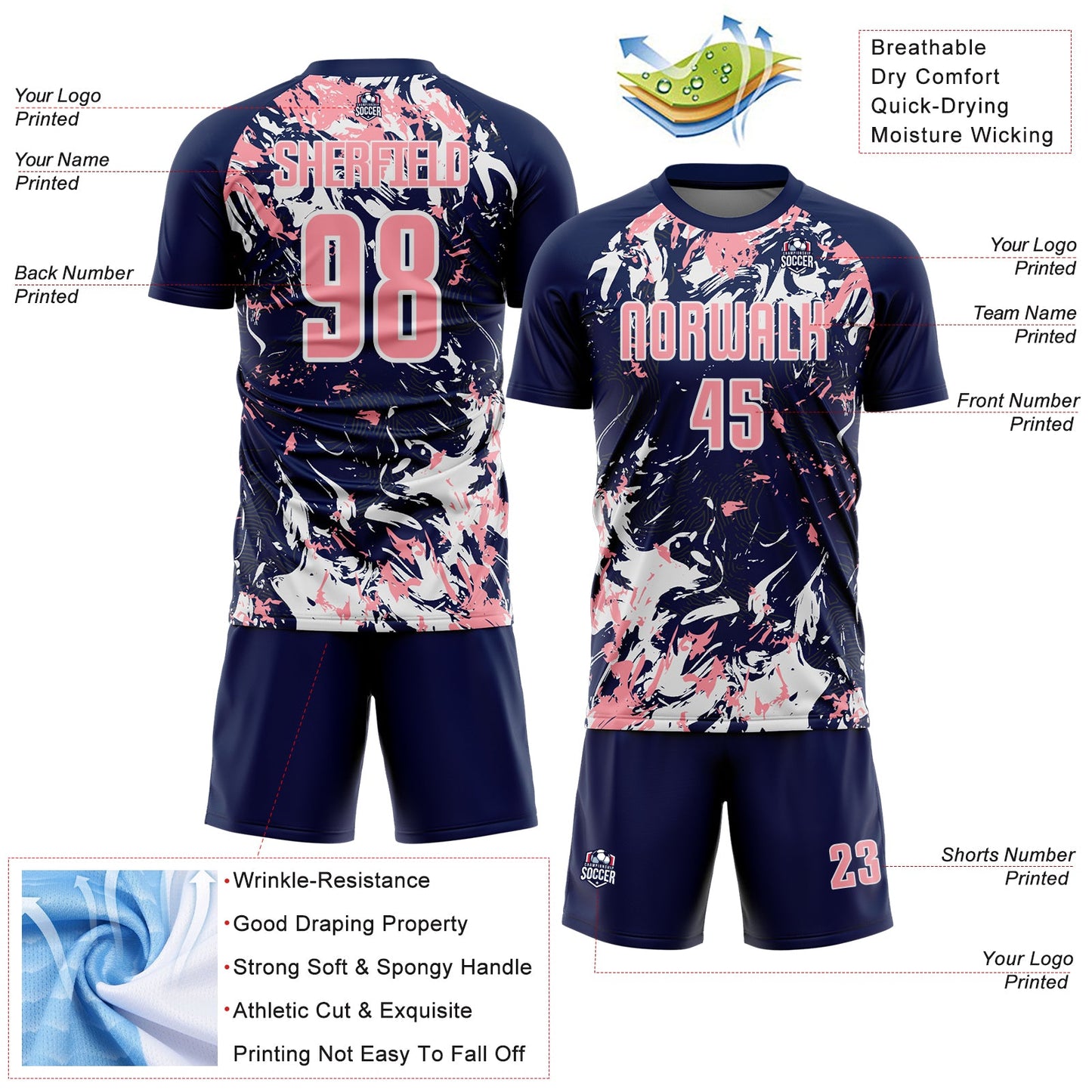 Custom Navy Medium Pink-White Fluid Art Splash Sublimation Soccer Uniform Jersey view 4