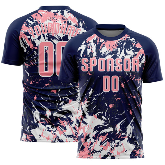 Custom Navy Medium Pink-White Fluid Art Splash Sublimation Soccer Uniform Jersey - Main View