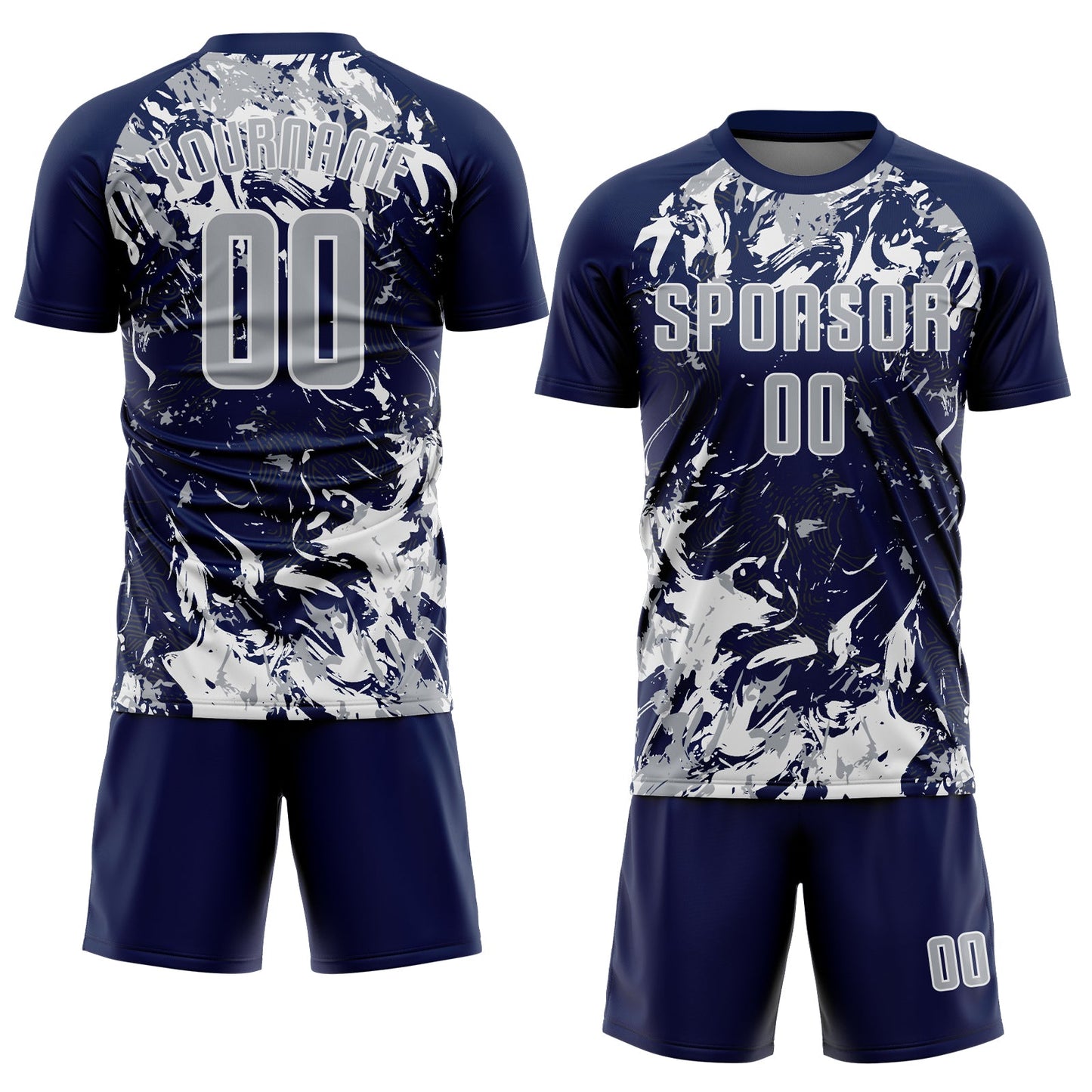 Custom Navy Gray-White Fluid Art Splash Sublimation Soccer Uniform Jersey view 2
