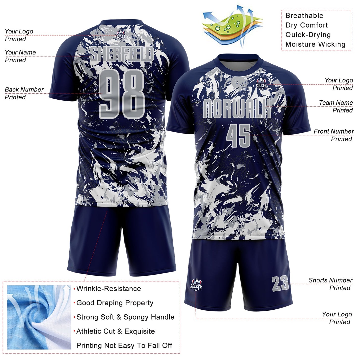Custom Navy Gray-White Fluid Art Splash Sublimation Soccer Uniform Jersey view 4