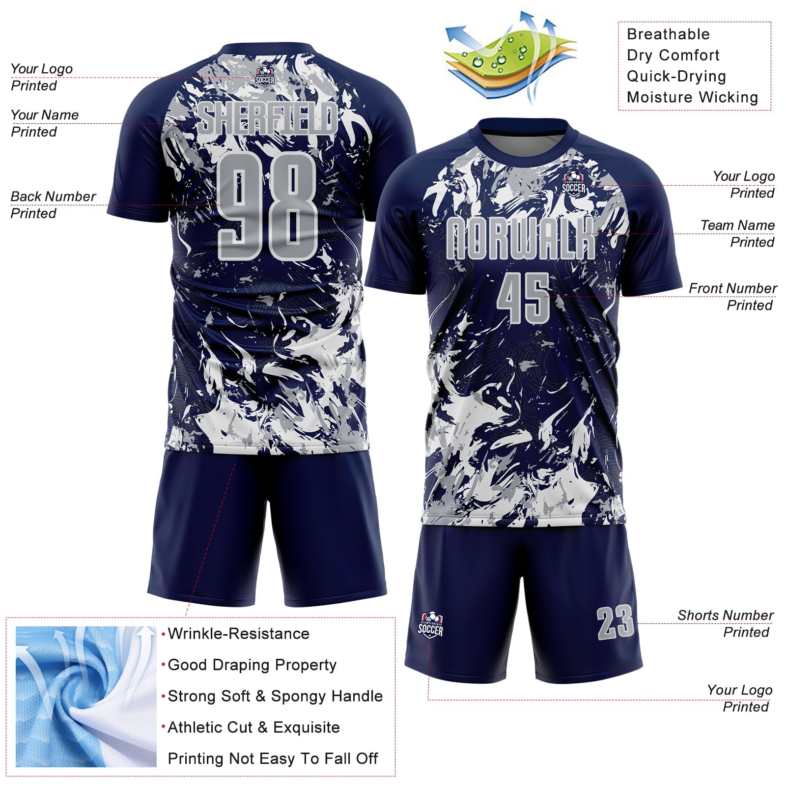Custom Navy Gray-White Fluid Art Splash Sublimation Soccer Uniform Jersey view 4