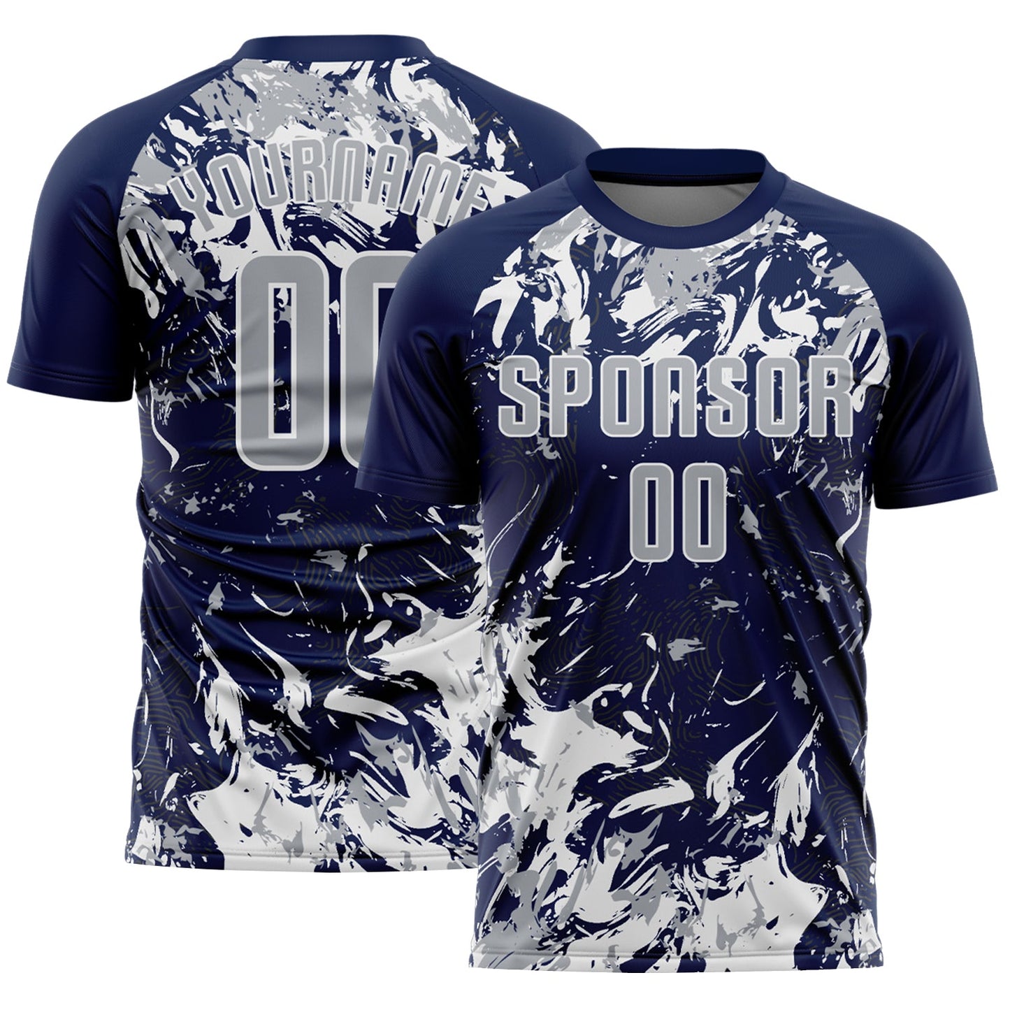 Custom Navy Gray-White Fluid Art Splash Sublimation Soccer Uniform Jersey - Main View