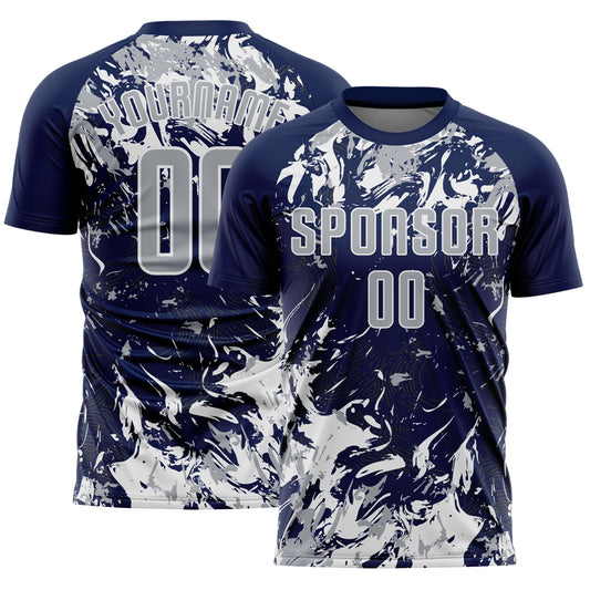 Custom Navy Gray-White Fluid Art Splash Sublimation Soccer Uniform Jersey - Main View