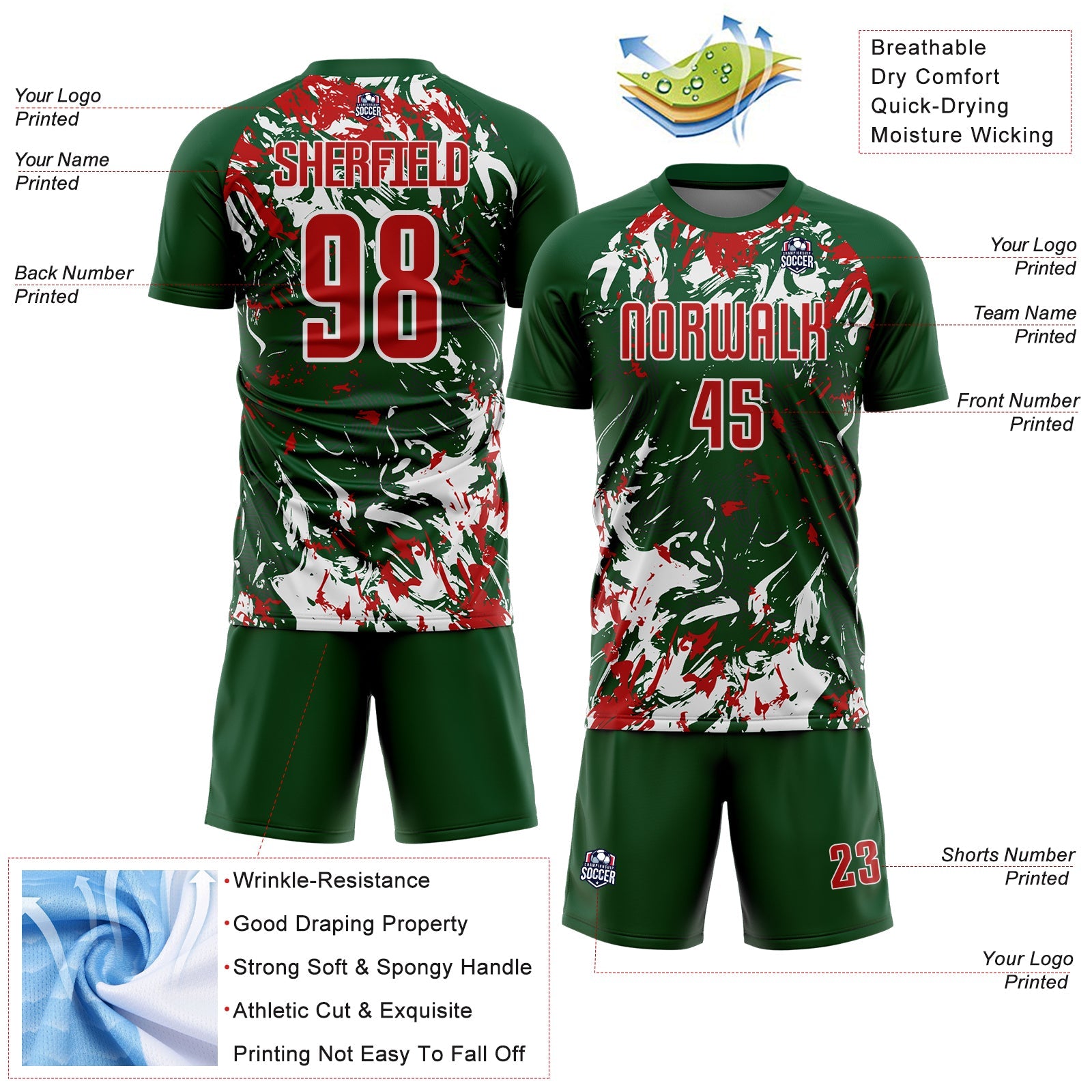 Custom Green Red-White Fluid Art Splash Sublimation Soccer Uniform Jersey view 4