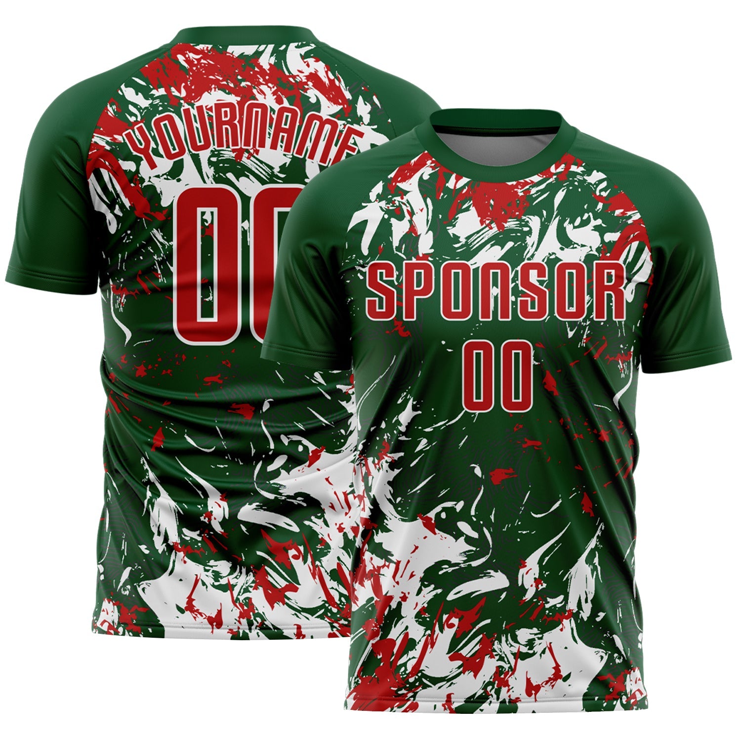 Custom Green Red-White Fluid Art Splash Sublimation Soccer Uniform Jersey - Main View