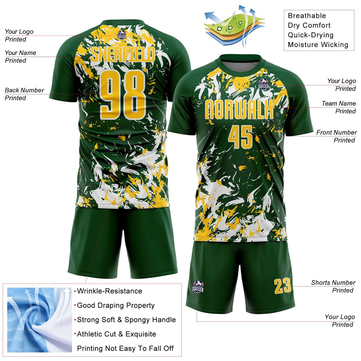 Custom Green Yellow-White Fluid Art Splash Sublimation Soccer Uniform Jersey view 4