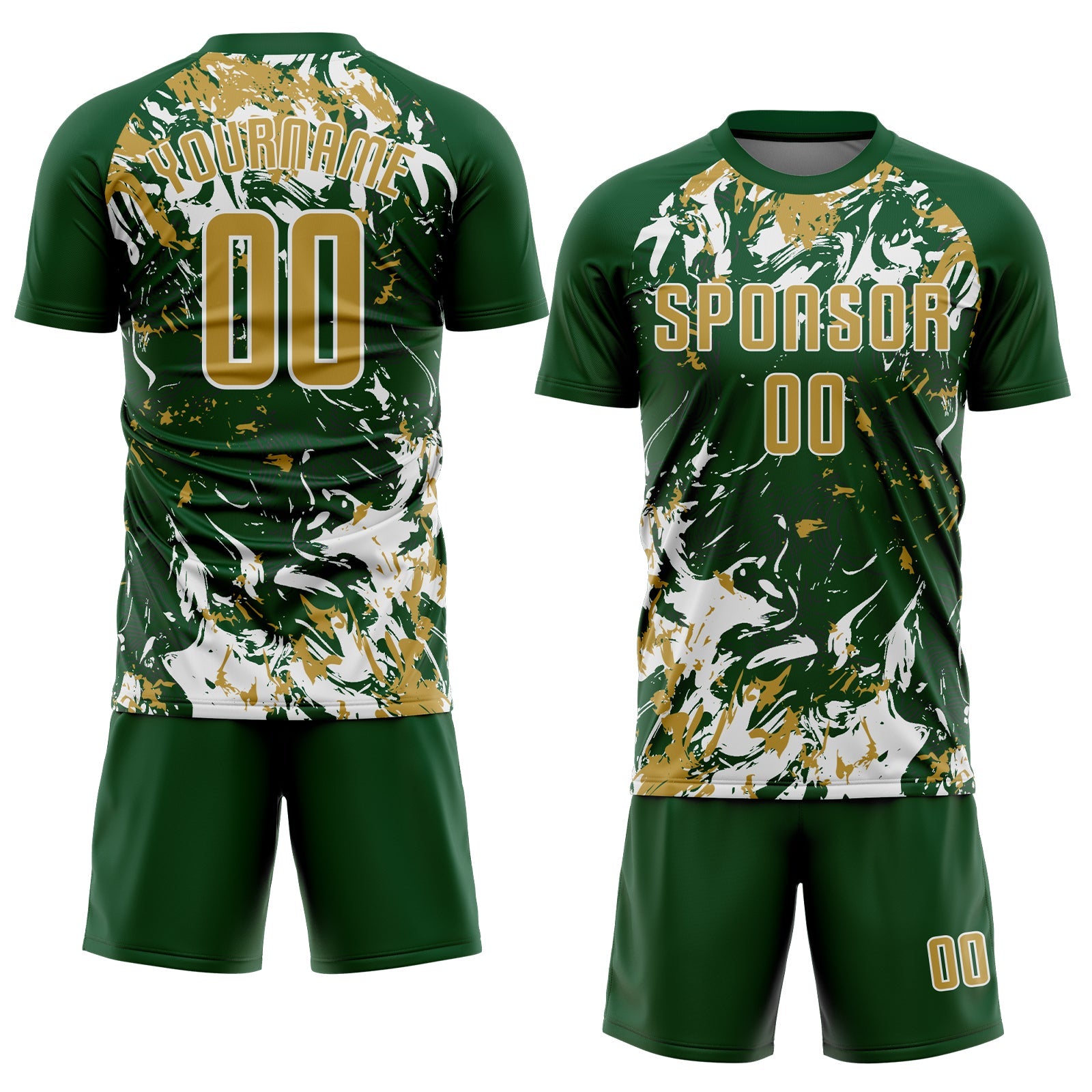 Custom Green Old Gold-White Fluid Art Splash Sublimation Soccer Uniform Jersey view 2