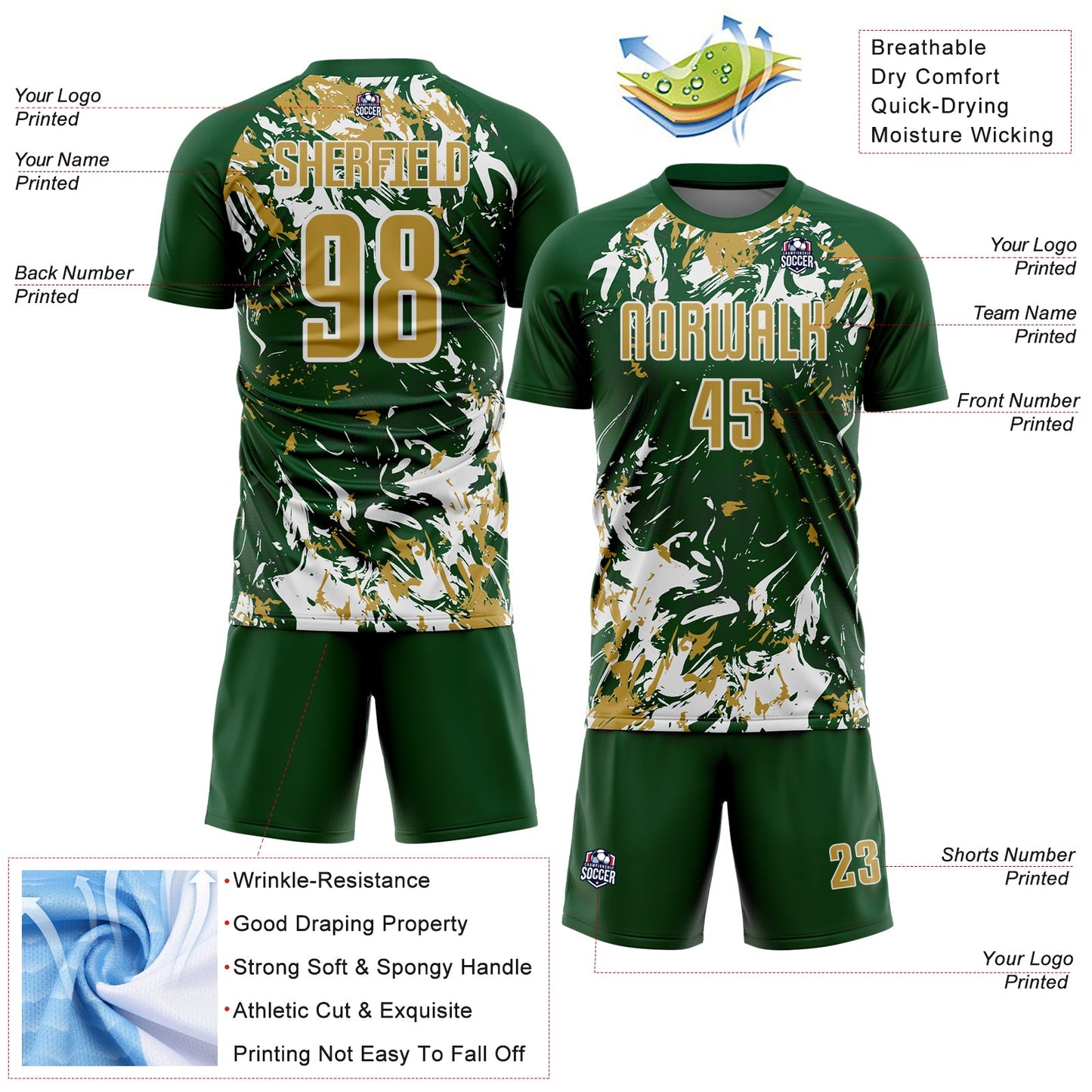 Custom Green Old Gold-White Fluid Art Splash Sublimation Soccer Uniform Jersey view 4