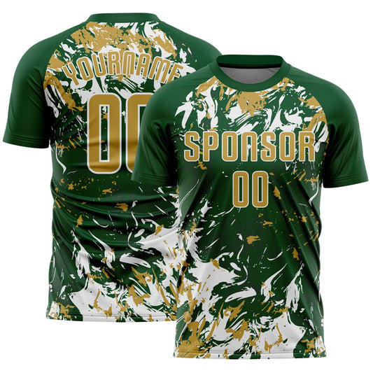 Custom Green Old Gold-White Fluid Art Splash Sublimation Soccer Uniform Jersey - Main View