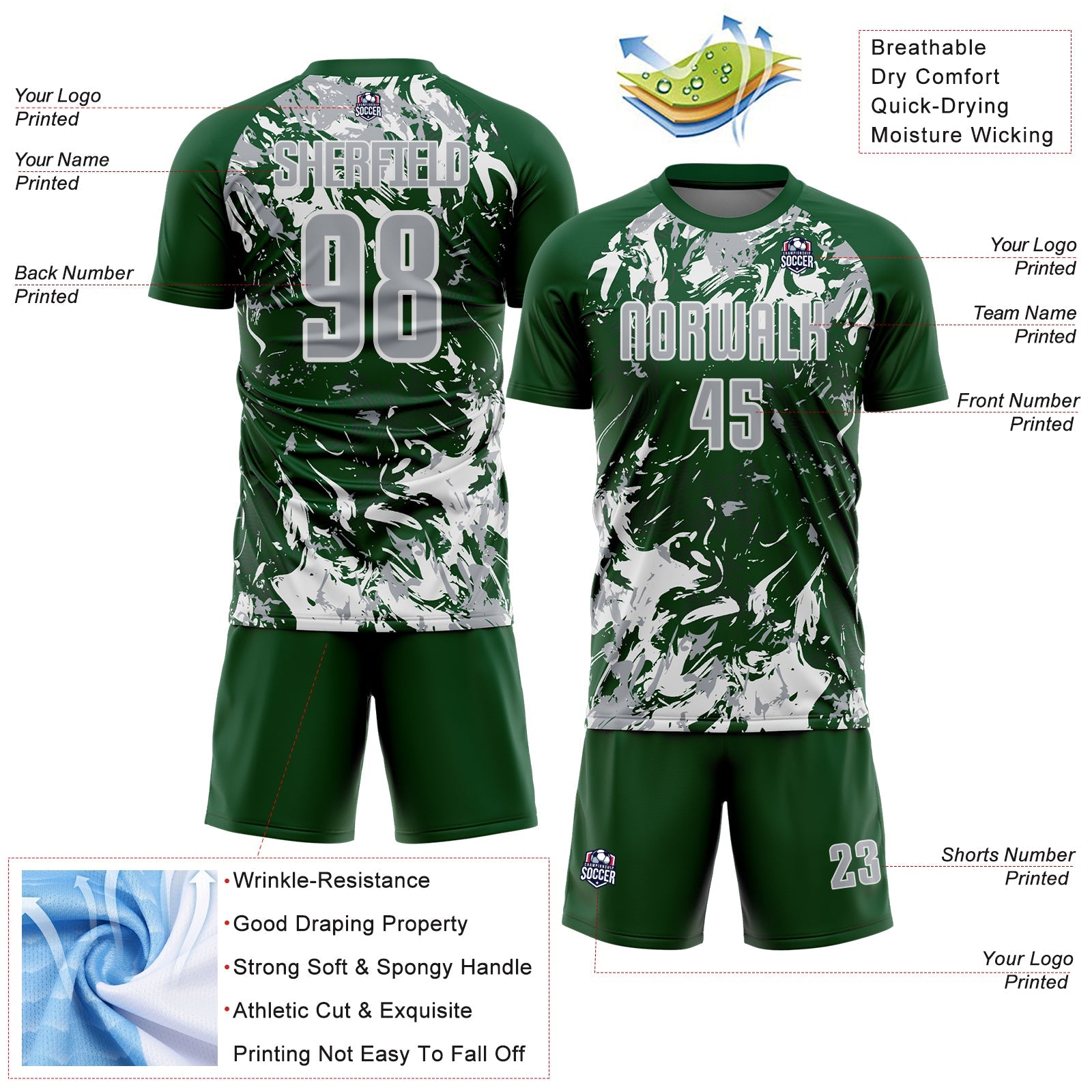 Custom Green Gray-White Fluid Art Splash Sublimation Soccer Uniform Jersey view 4