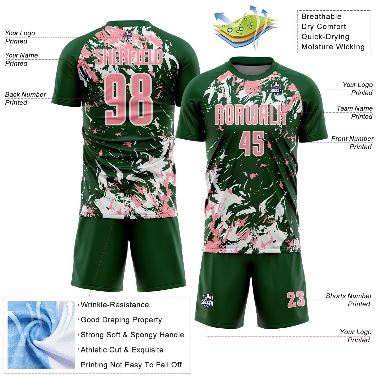 Custom Green Medium Pink-White Fluid Art Splash Sublimation Soccer Uniform Jersey view 4
