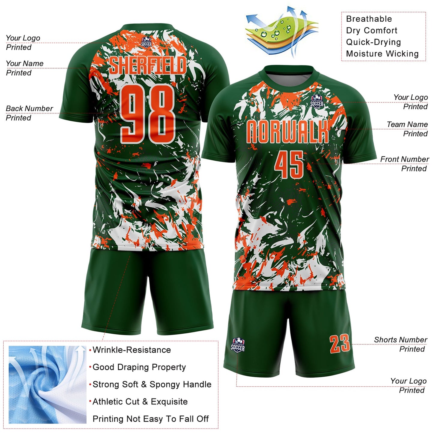 Custom Green Orange-White Fluid Art Splash Sublimation Soccer Uniform Jersey view 4