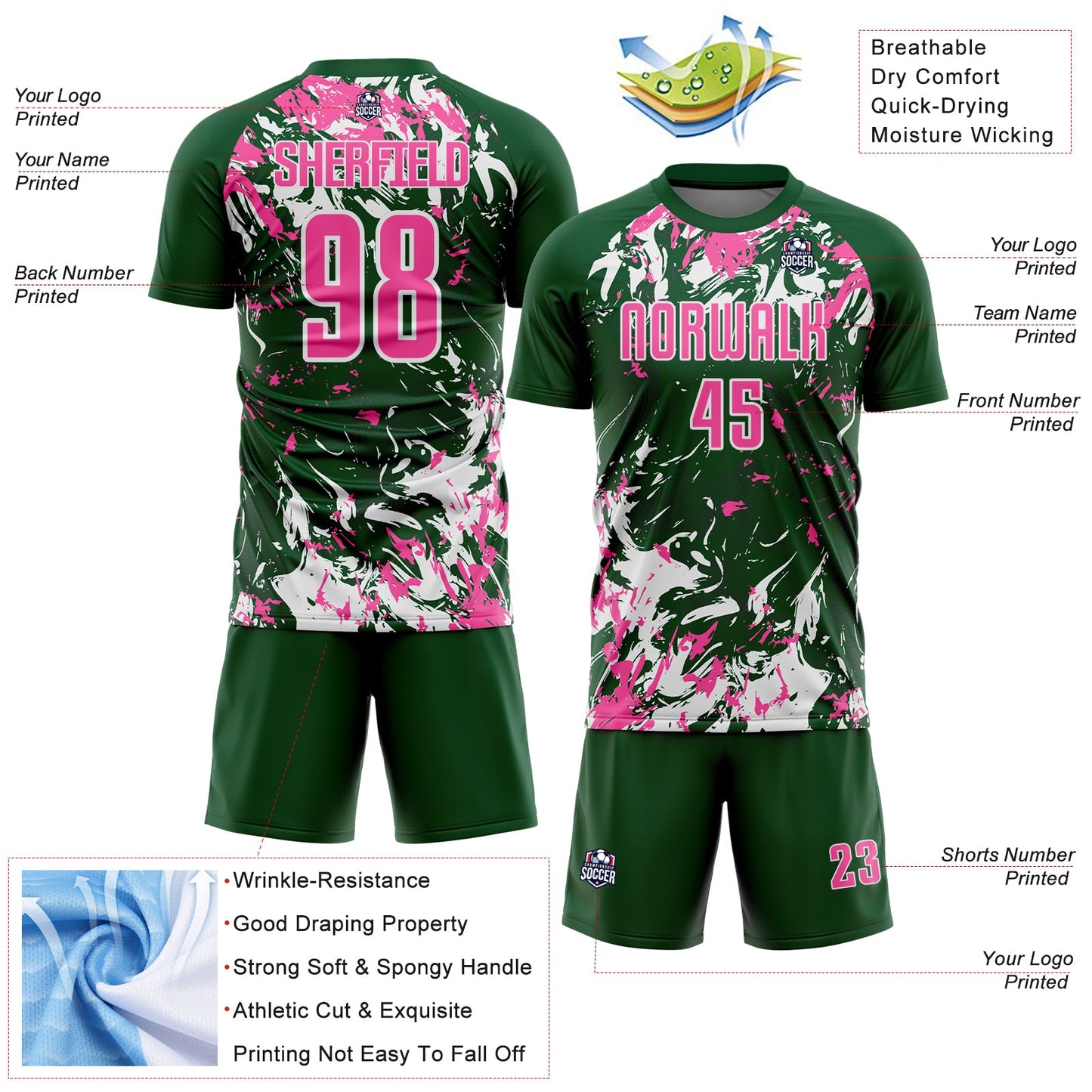 Custom Green Pink-White Fluid Art Splash Sublimation Soccer Uniform Jersey view 4
