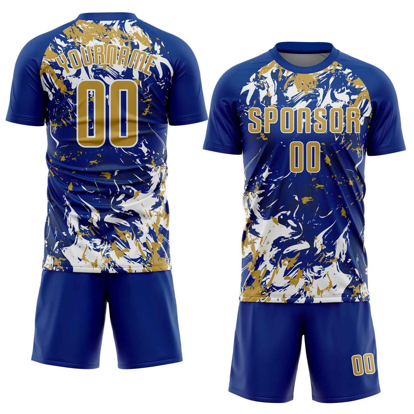 Custom Royal Old Gold-White Fluid Art Splash Sublimation Soccer Uniform Jersey view 2