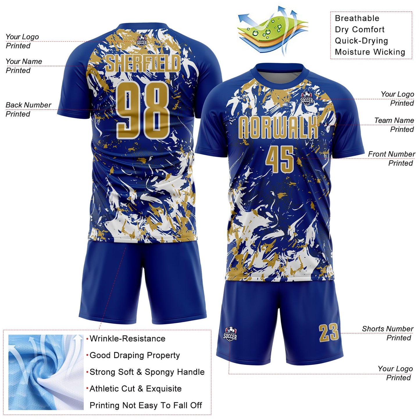 Custom Royal Old Gold-White Fluid Art Splash Sublimation Soccer Uniform Jersey view 4