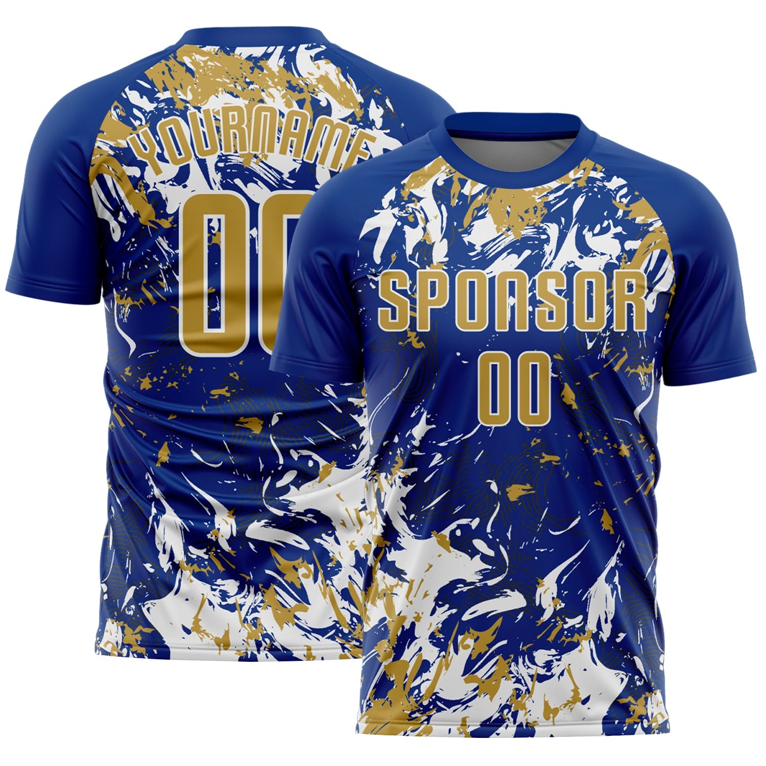Custom Royal Old Gold-White Fluid Art Splash Sublimation Soccer Uniform Jersey - Main View