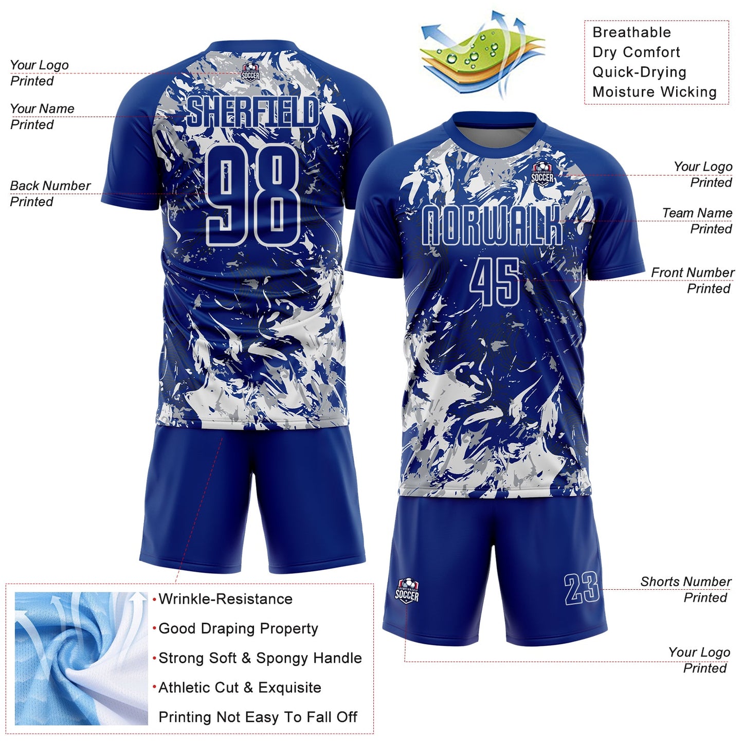Custom Royal Gray-White Fluid Art Splash Sublimation Soccer Uniform Jersey view 4