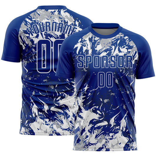 Custom Royal Gray-White Fluid Art Splash Sublimation Soccer Uniform Jersey - Main View