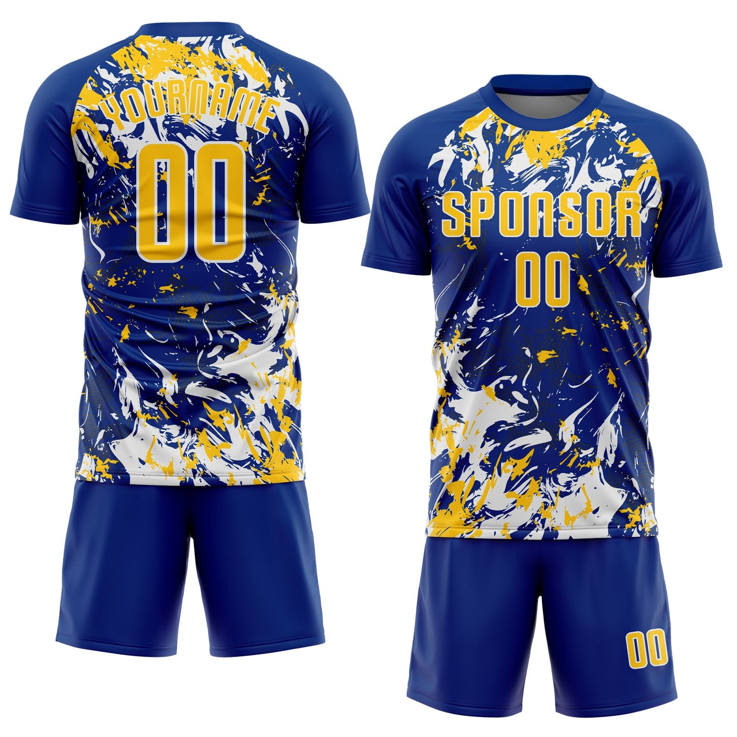 Custom Royal Yellow-White Fluid Art Splash Sublimation Soccer Uniform Jersey view 2