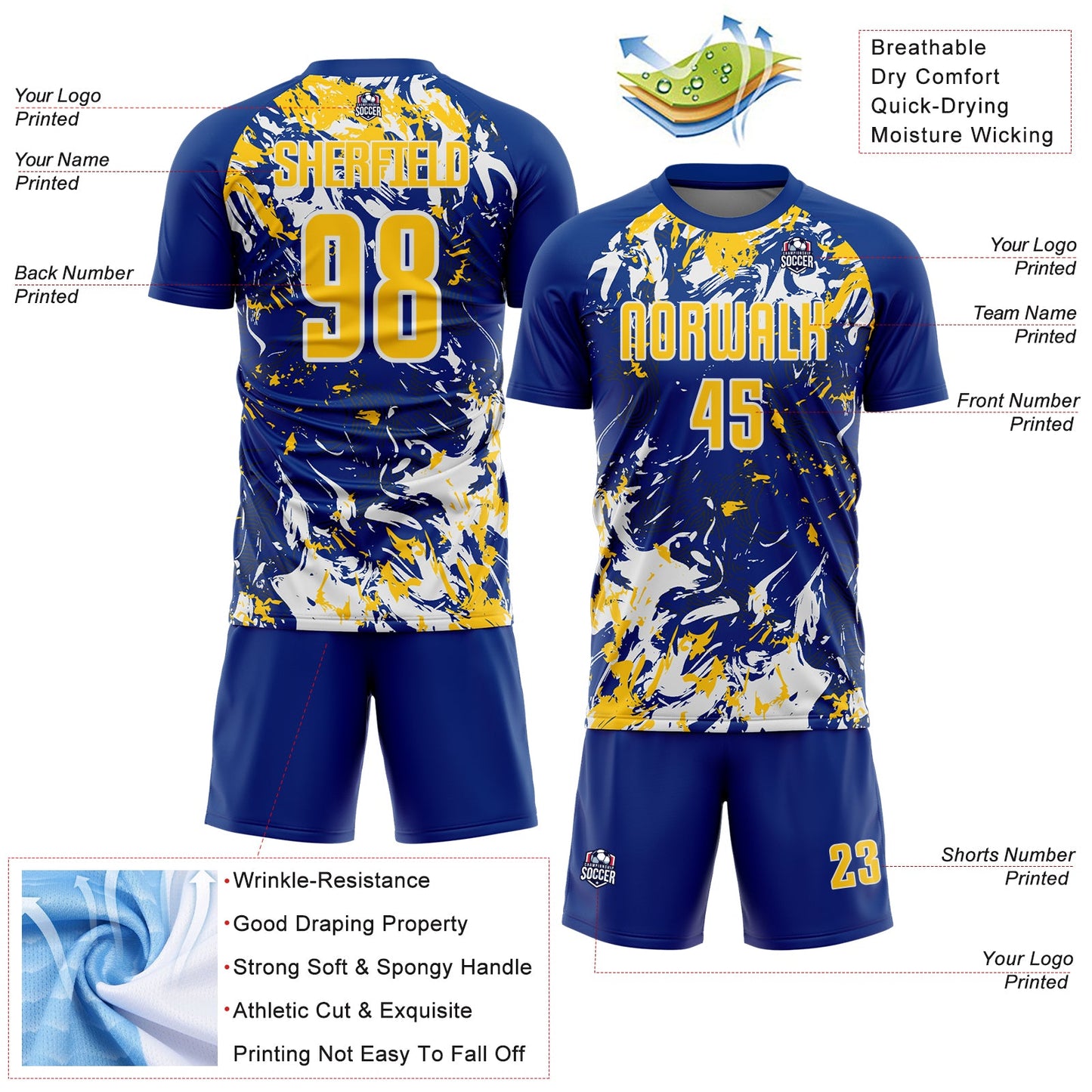 Custom Royal Yellow-White Fluid Art Splash Sublimation Soccer Uniform Jersey view 4
