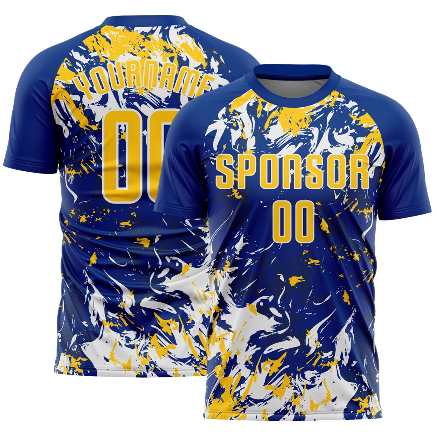 Custom Royal Yellow-White Fluid Art Splash Sublimation Soccer Uniform Jersey - Main View