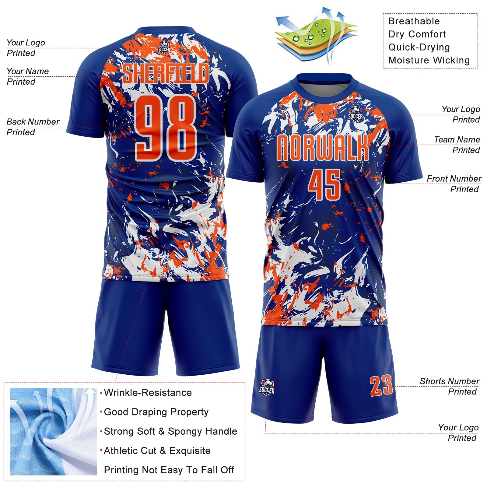 Custom Royal Orange-White Fluid Art Splash Sublimation Soccer Uniform Jersey view 4