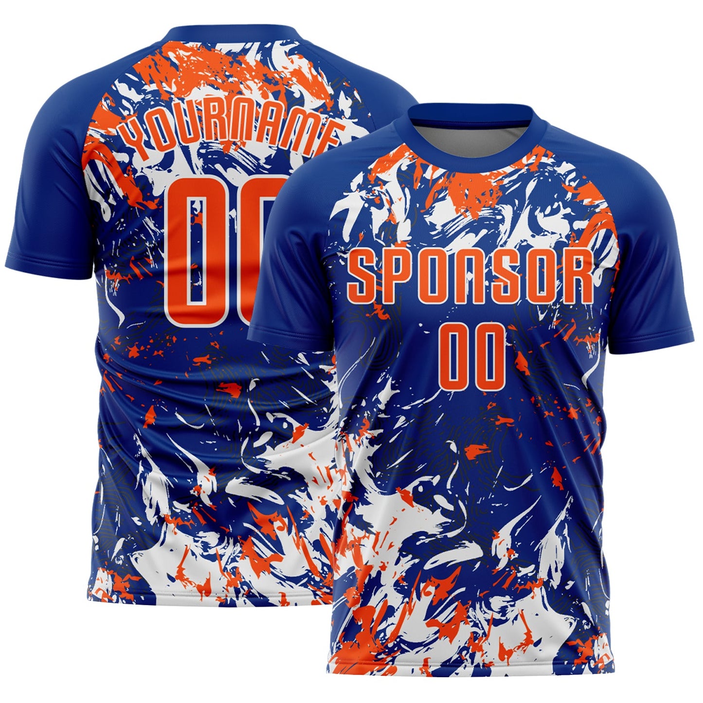 Custom Royal Orange-White Fluid Art Splash Sublimation Soccer Uniform Jersey - Main View