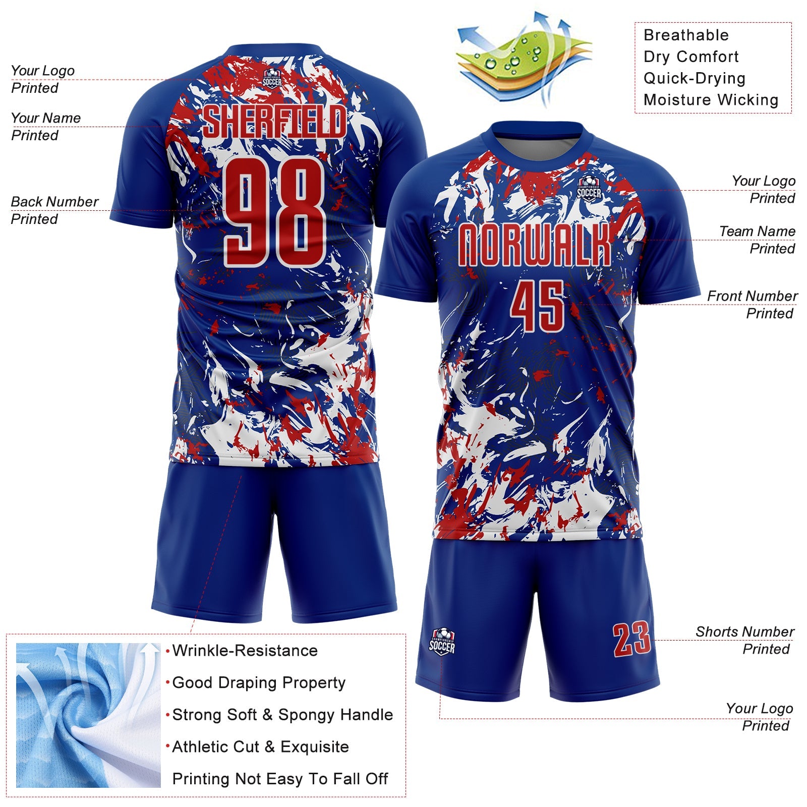 Custom Royal Red-White Fluid Art Splash Sublimation Soccer Uniform Jersey view 4