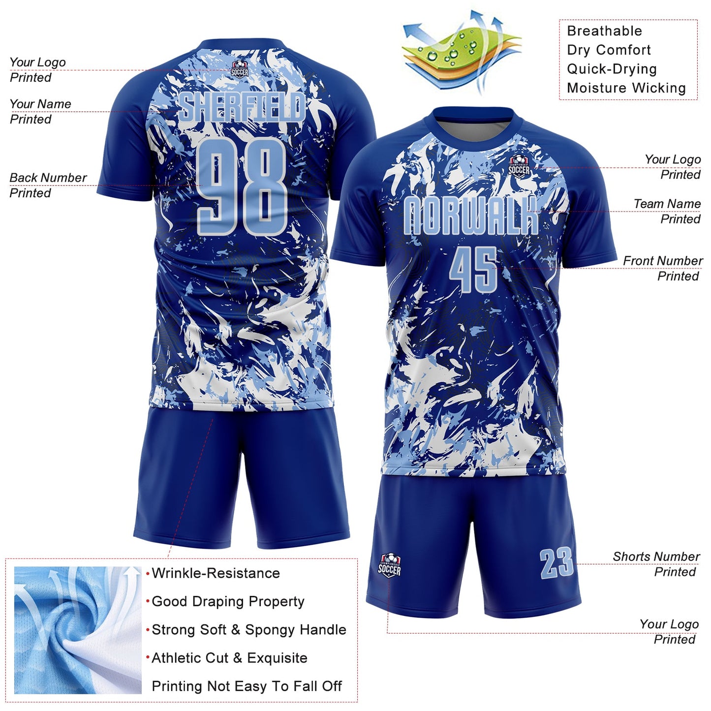 Custom Royal Light Blue-White Fluid Art Splash Sublimation Soccer Uniform Jersey view 4