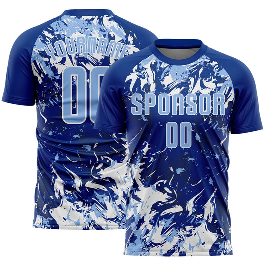 Custom Royal Light Blue-White Fluid Art Splash Sublimation Soccer Uniform Jersey - Main View